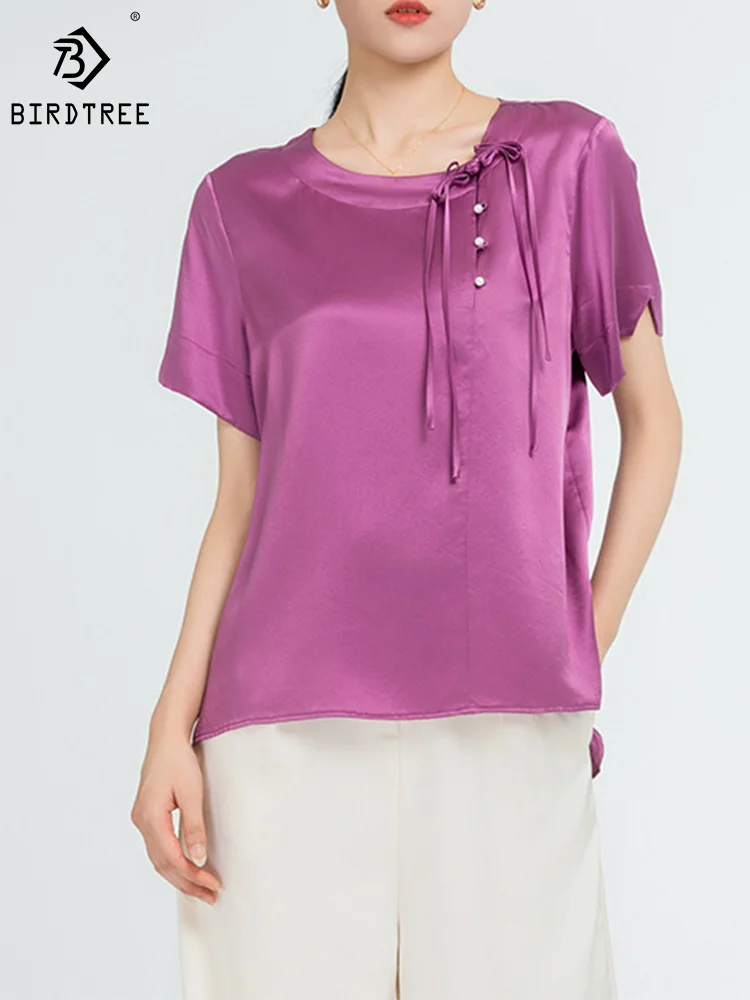 Birdtree 22MM 100%Mulberry Silk Elegant Shirt Solid Short Sleeve Tassels Chinese Style Blouses Office Lady Autumn Tops T3N338QM