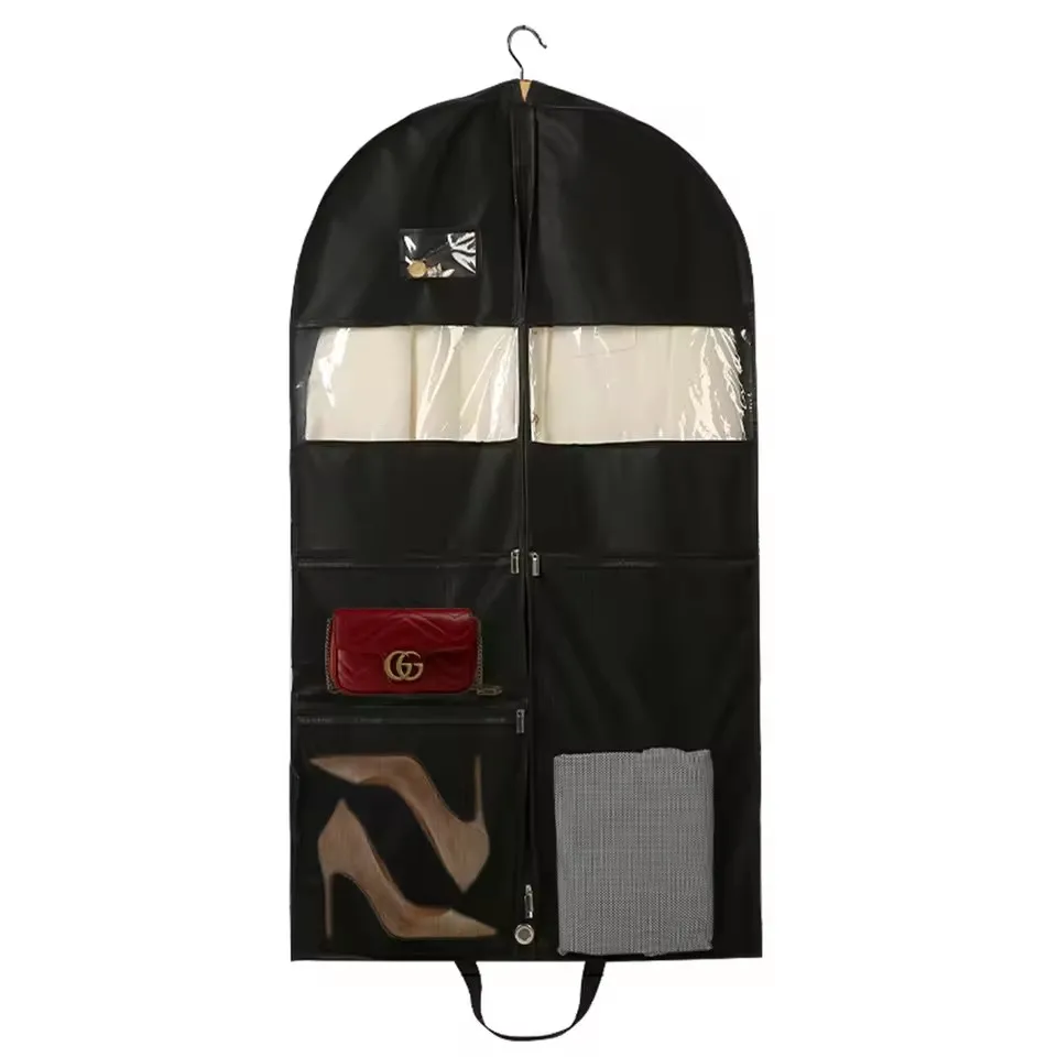 

Black Non-woven Fabric Suit Bags for Closet Storage Covers Travel Gusseted Hanging Garment Bags for With Mesh Accessory Pockets