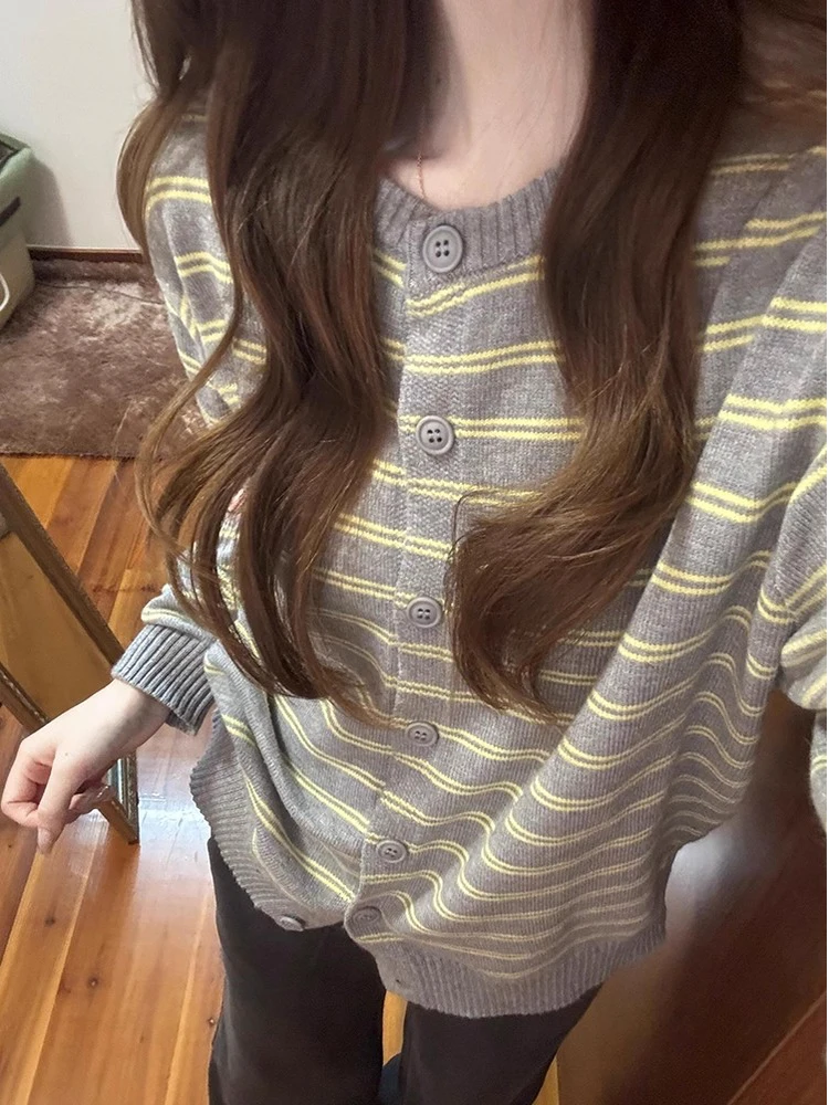 Damska dzianinowa bluzka w paski na wiosnę i jesień, swobodny sweter, kardigan, płaszcz, luźny krój, długi rękaw, okrągły dekolt...