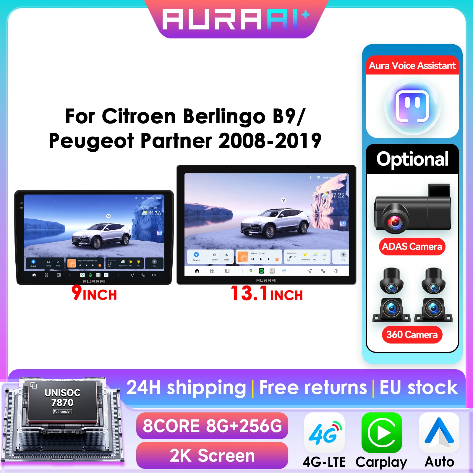 Écran AI 2K 8G 256G pour Citroen Berlingo B9 Peugeot Partner 2008 - 2019, autoradio sans fil CarPlay Android Auto 4G GPS BT DSD ADAS double micro caméra 360