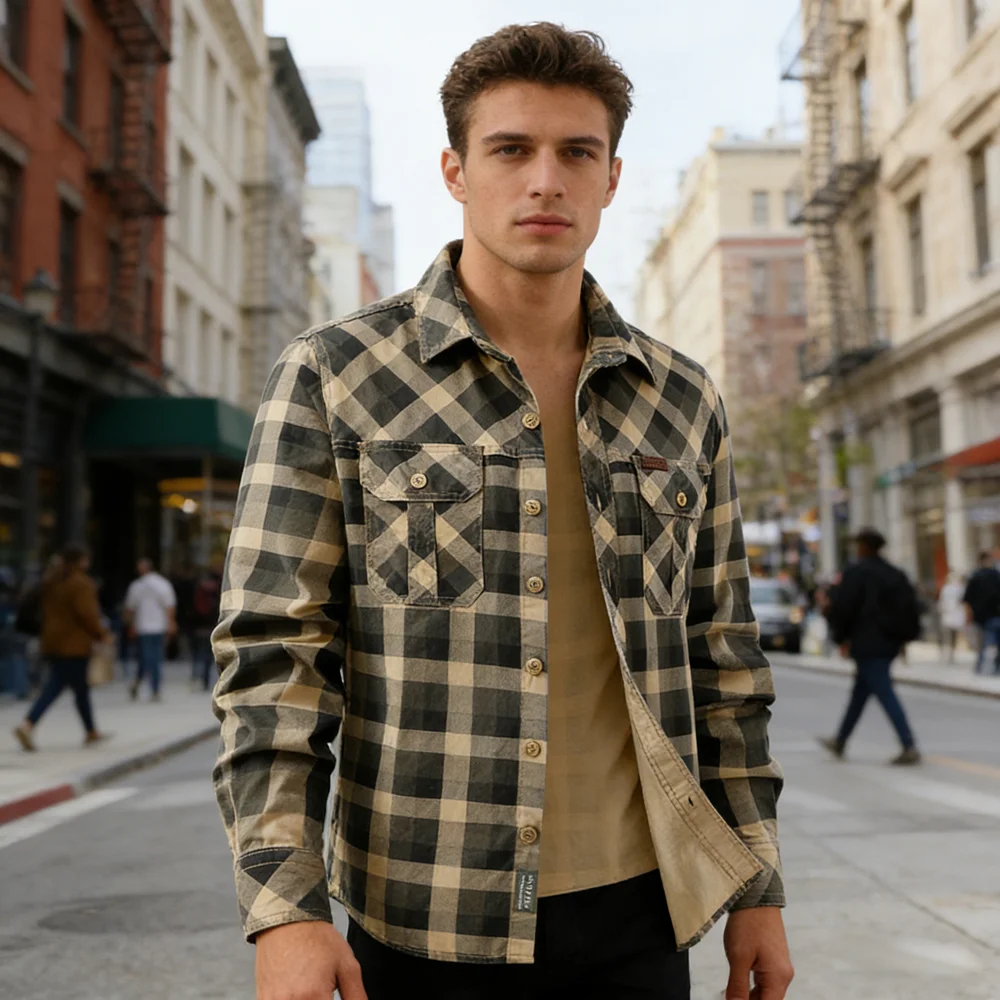 

Spring Autumn Men's Cotton Plaid Outdoor Men Retro Long Sleeve Lapel Button Cargo Shirts Outdoor Men Hiking Work Shirt Clothing