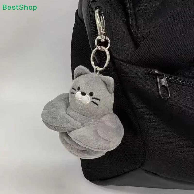 ✔Soft Fluffy Gray Muscle Cat Plush Keychain Cartoon Plush Keyring Bag Pendant Backpack Ornament Gift For Cat Lovers