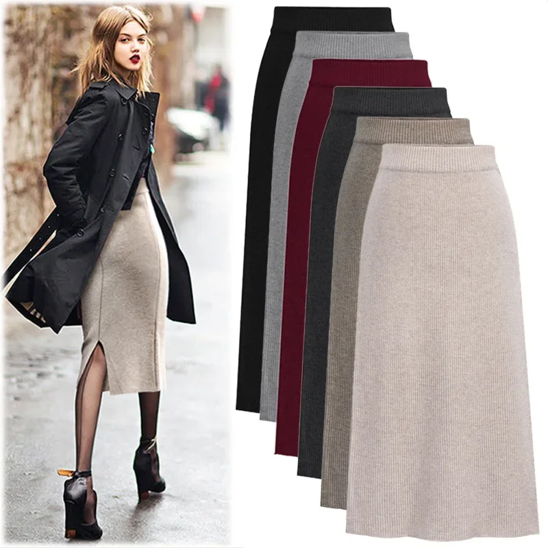 Autumn Winter Wool Skirt High Waist S - 6XL 3XL 4XL 5XL Casual Solid Mid Calf Empire Cotton Black Khaki