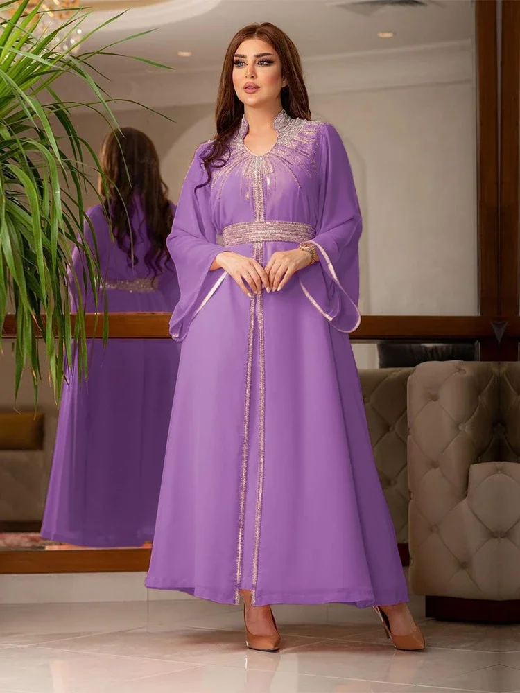 Robe de soirée marocaine pour femmes, abaya musulmane, col montant, mode Dubaï Abayas, diamant, caftan, robe élégante, robe éducative, Turquie