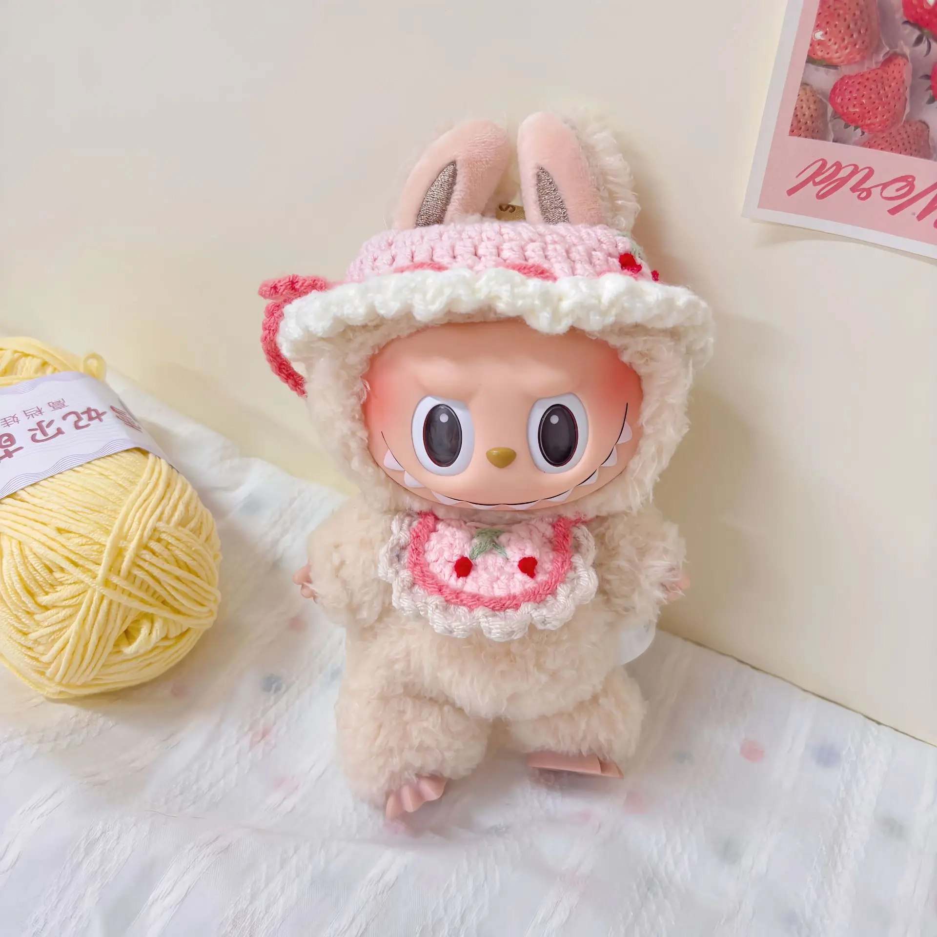 

Clothes For Labubu Spring Romantic Trip Clothing Handmade Knitted Cherry Hat Bib Suitable For 15Cm 17Cm Labubu 1st To 3rd Gen