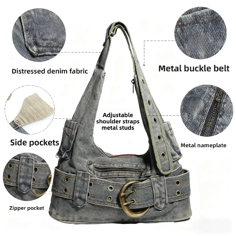 

Vintage Washed Denim Shoulder Bag with Buckle Accents Distressed Retro Hobo Handbag Y2K Fashion Accessory