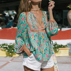 TEELYNN long sleeve blouses for women shirts cotton green Floral print blouse beach shirts sexy v neck boho summer blouse blusas