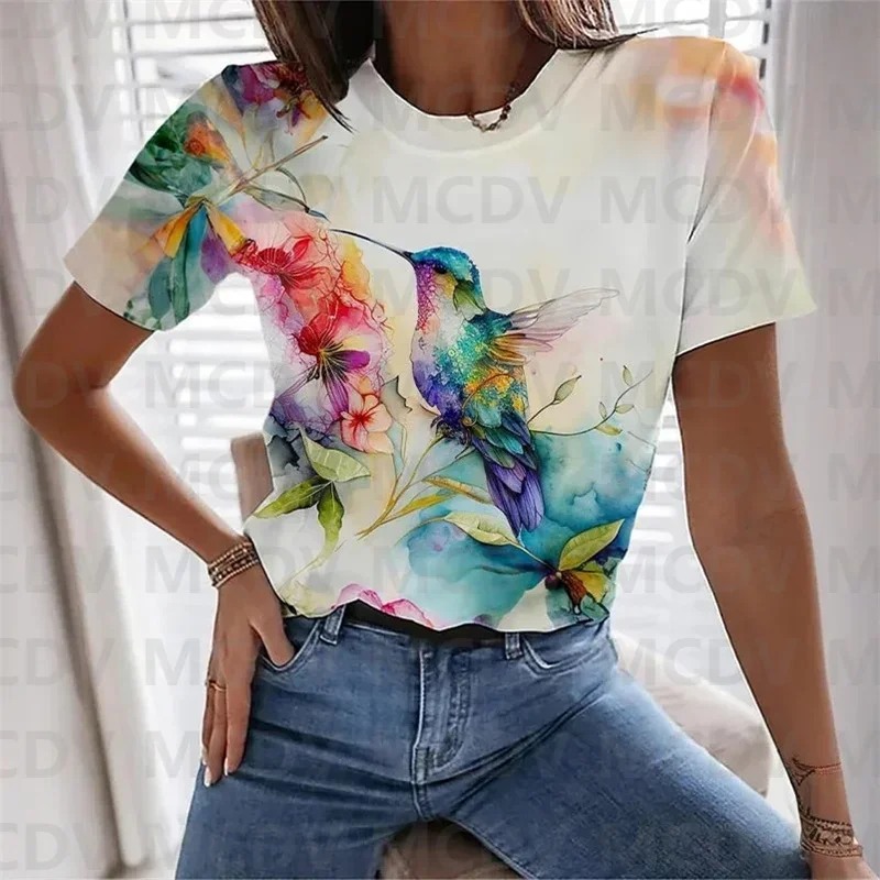 Hummingbird Flower Print Crew Neck T-shirt 3D Printed Summer Women's T Shirts