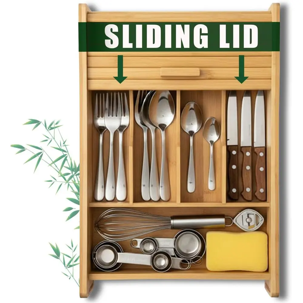

5-Compartment Bamboo Drawer Organizer with Sliding Lid - Kitchen Utensil Holder & Multipurpose Storage for Home & Office
