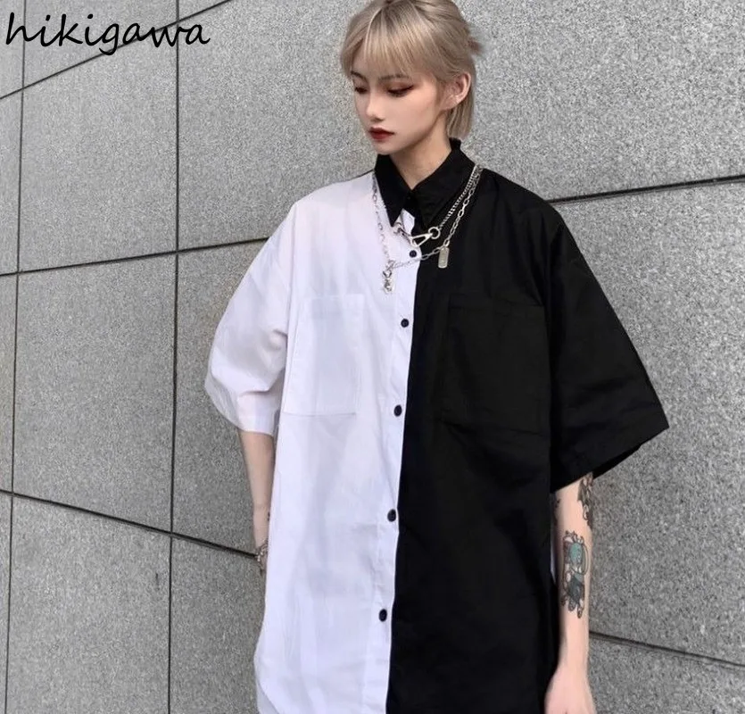 Hikigawa Blouses Women Summer Korean Harajuku BF Vintage Shirts Patchwork Loose Short Sleeve Blouse Streetwear Chic Blusas Mujer