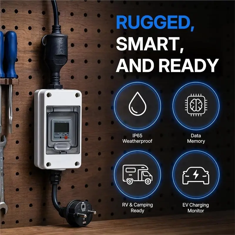 NEW HOT in Stock-230V 16A Mobile Digital Power Meter For Socket, IP65 Waterproof, Reset, For Motorhome,Electric Car And