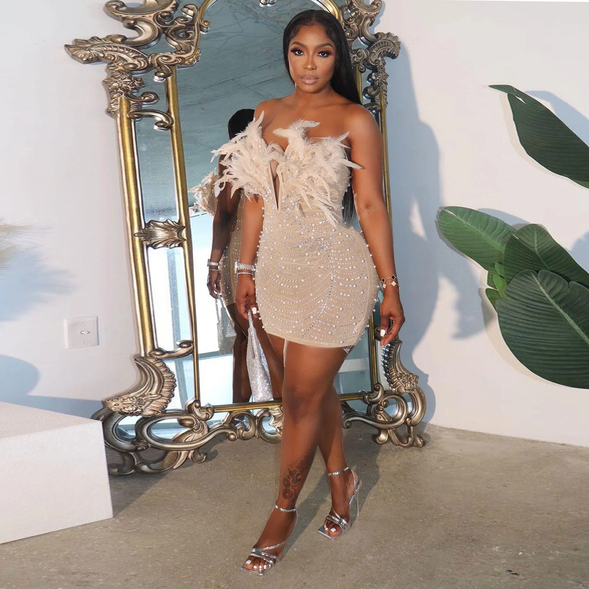 

Новинка 2023, роскошное женское вечернее платье с искусственным жемчугом, великолепное лоскутное платье с перьями, одежда для дня рождения, клубная одежда