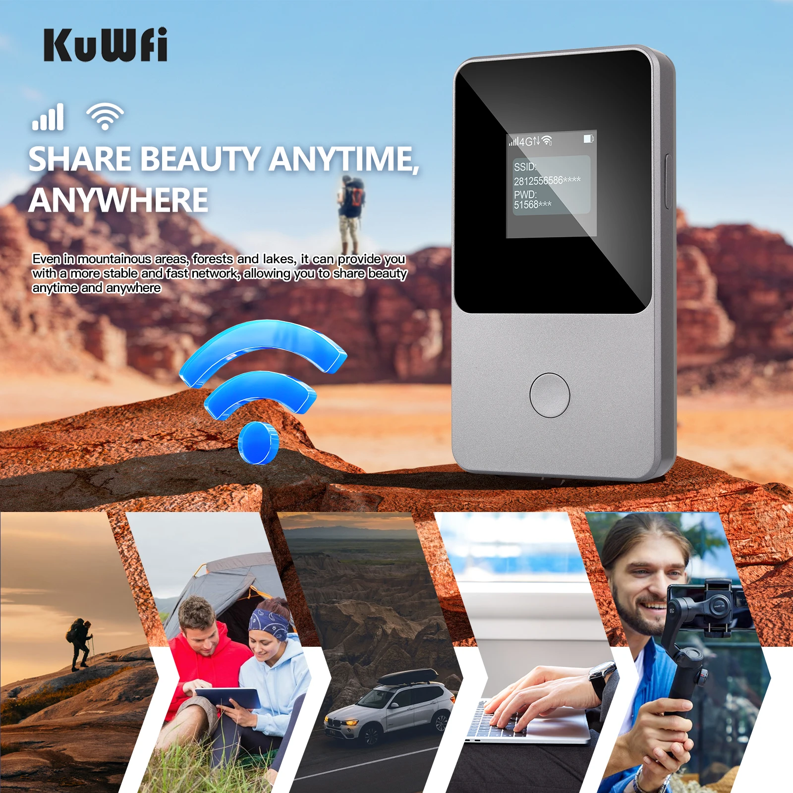 KuWfi 4G LTE Router 150Mbps WiFi Router 3500mAh Portable Travel Wifi Hotspot No Need SIM Card 3GB Data 30Day for 160+ Countries