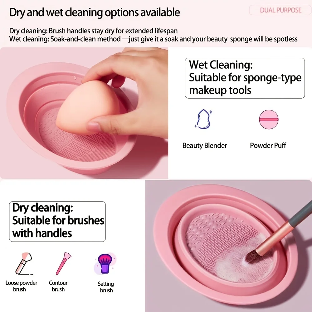 Foldable Silicone Makeup Brush Cleaner Bowl, Textured Scrubber for Brushes Puffs Sponges, Travel Washing Tool, Compact view 2
