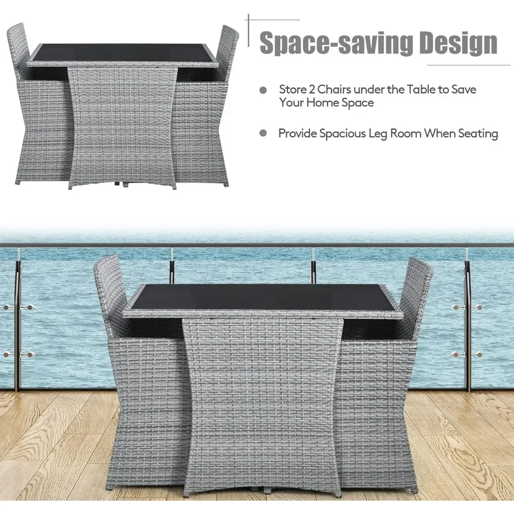 3 Pieces Patio Dining Table,PE Rattan Bistro Set with Tempered Glass Top Table and Cushioned Chairs,Dining Table Set