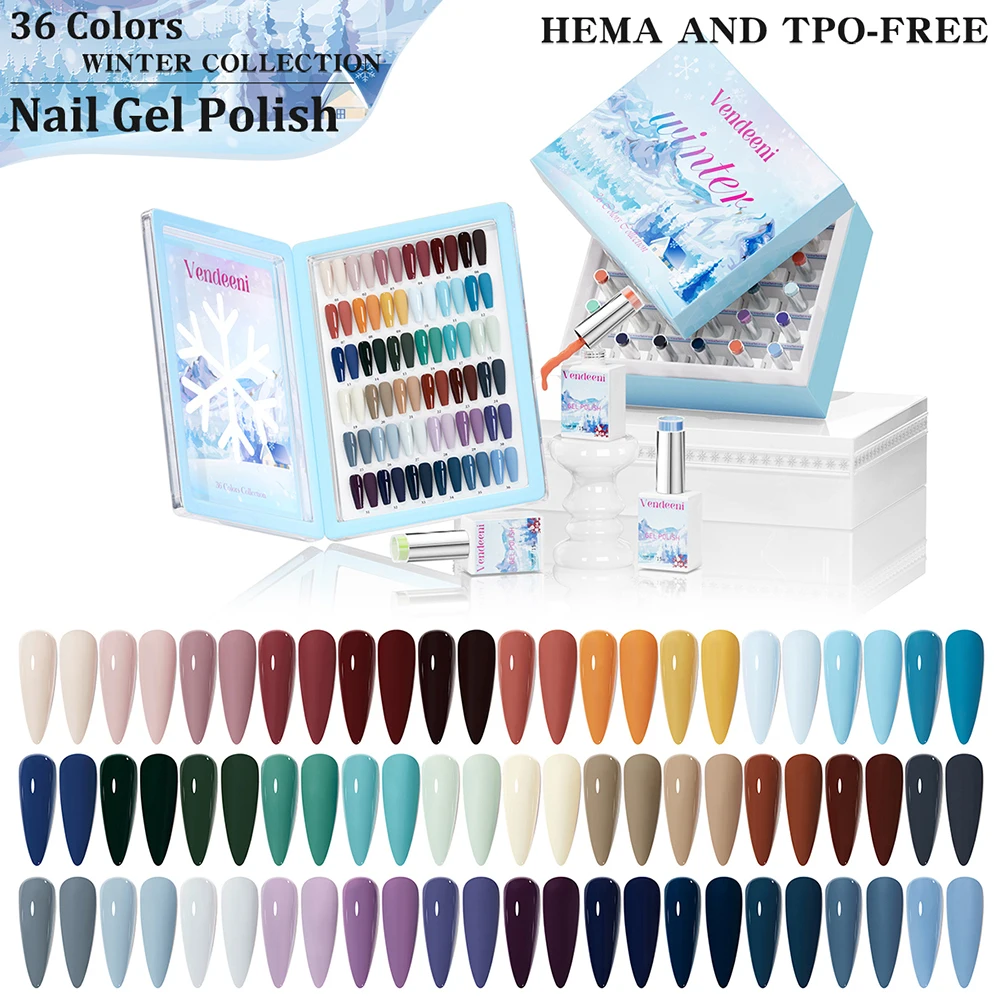 Vendeeni 36 Colors/Set High Pigment Winter Cyan Blue Gel Nail Polish TPO HEMA FREE Brown Purple UV LED Gel Varnish With Display