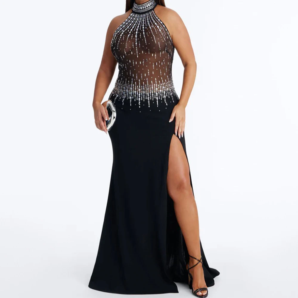 

Rhinestone Decor Mock Neck Sleeveless See-through Mesh Split Party Dress