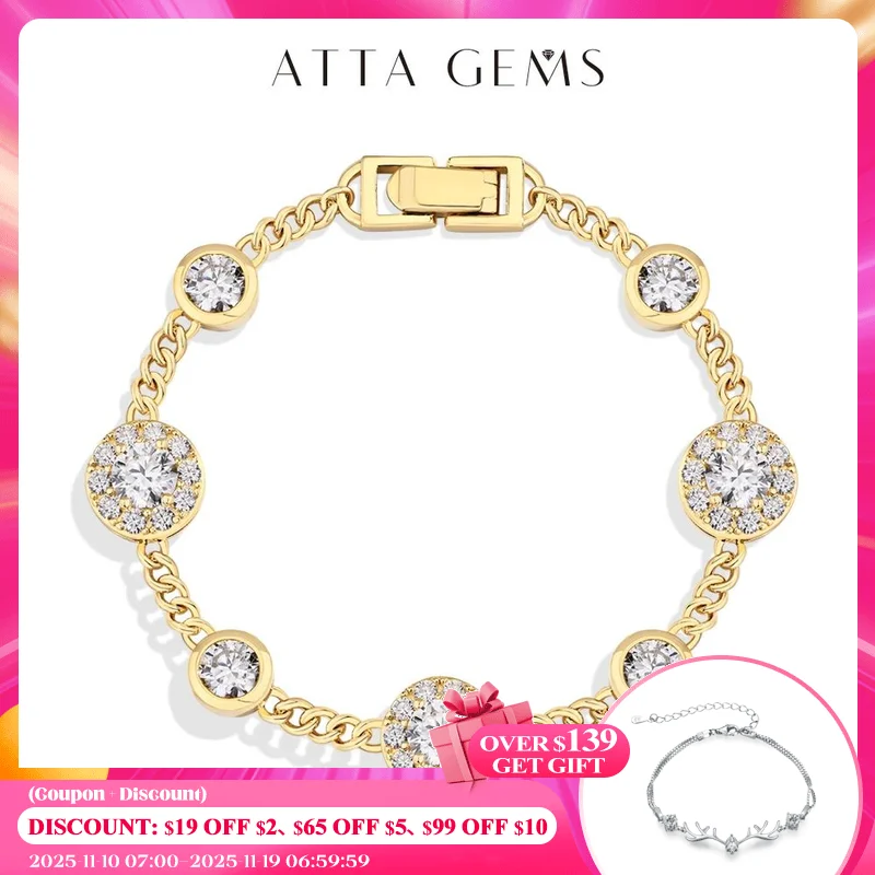 

ATTAGEMS Luxury Moissanite Bracelet for Women S925 Silver Yellow Gold Plated Round halo D Color VVS1 Diamond Wedding Jewelry New