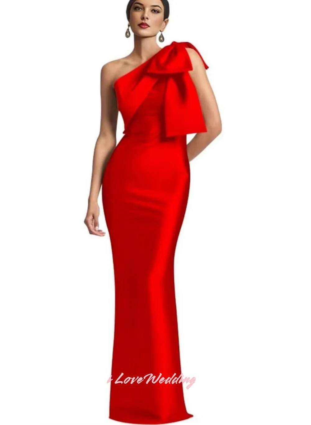 

Red One Shoulder Evening Dresses 2025 Satin Bow Sleeveless Mermaid Floor-Length Pleated Split Wedding Party Dresses Customized