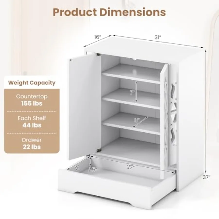 Shoe Storage Cabinet: 4-Tier Mirrored MDF Cabinet with Doors Bottom Drawer, White/Black, Space-Saving Modern Elegant Organizer