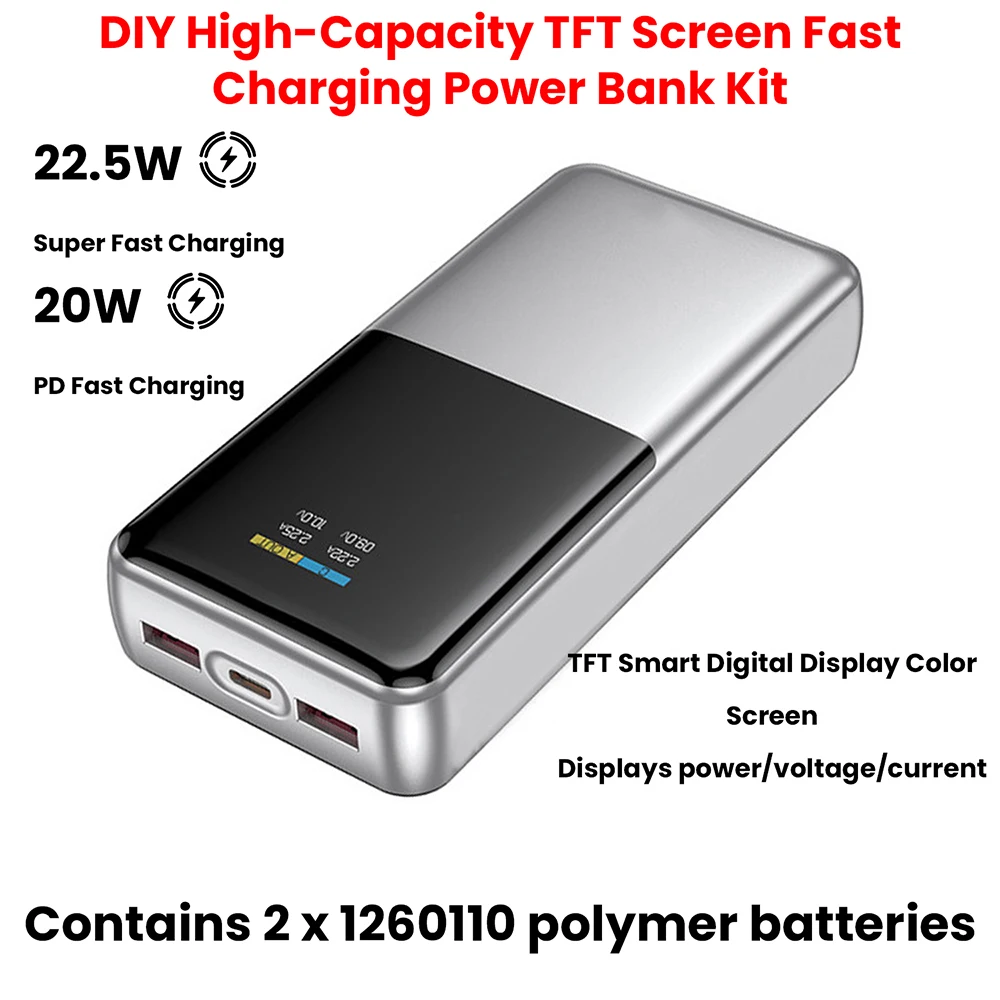 22.5W Fast Charging Power Bank Case TFT Color Screen Digital Display Module 3.7V Ternary Lithium Battery Motherboard Kit