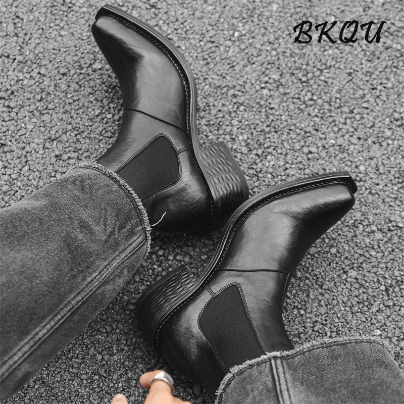 BKQU Pointy Wizard Cocked Head Chelsea Boots Casual Trend Men Autumn/Winter 2024 New Winter Plus Fleecy Ankle Boots Formal Wear