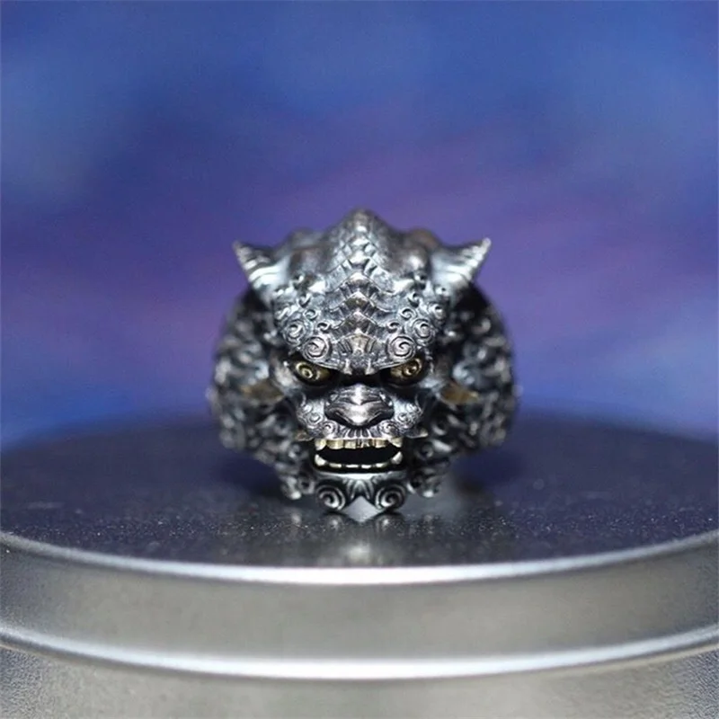 Auspicious Tang Lion Pattern Ring Men Jewelry Personality Carving China-Chic Style Vintage Lion Ring Male Finger Accessories