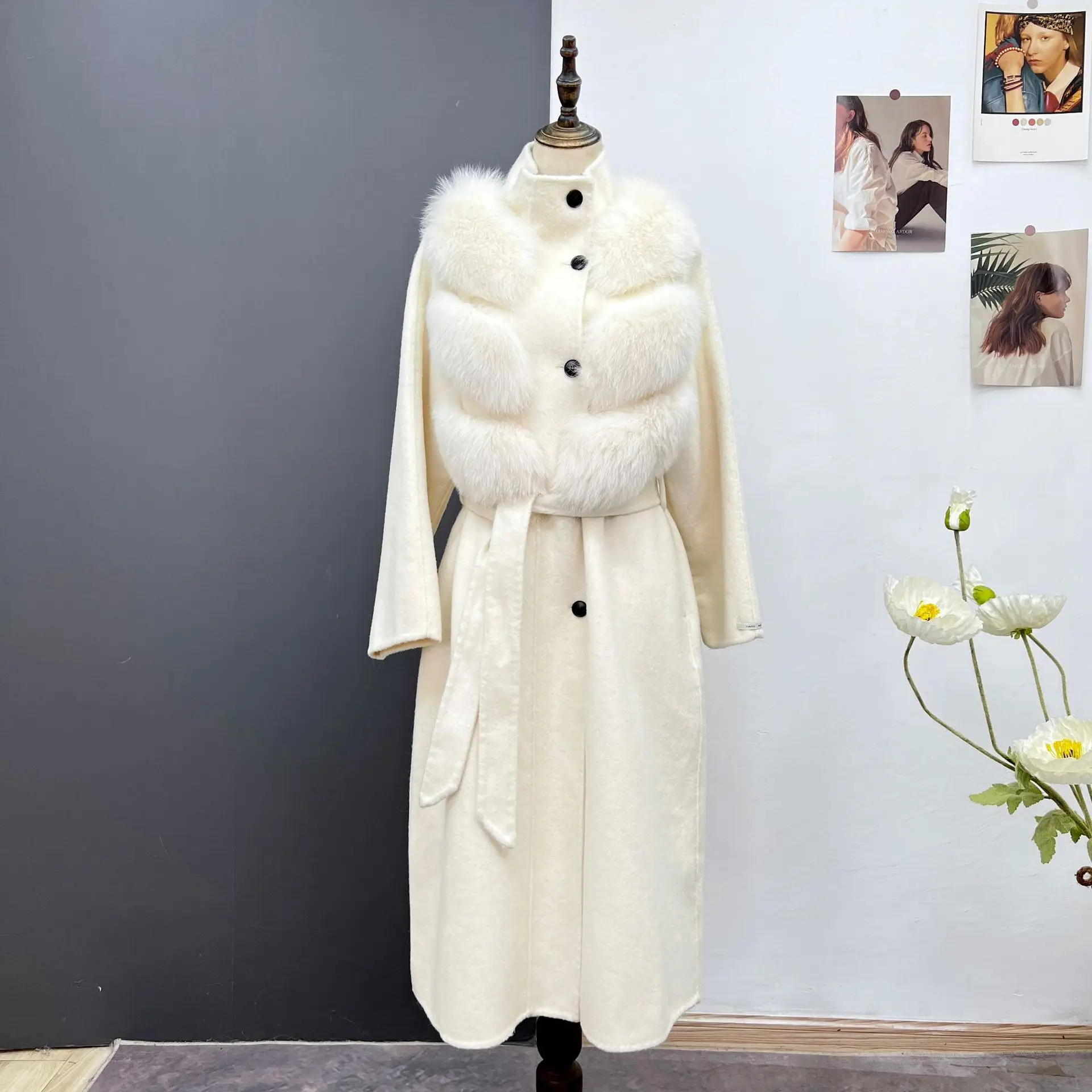 Wuhuang's new autumn and winter wool double-sided coat for women, long style real fur fur stand collar woolen coat,