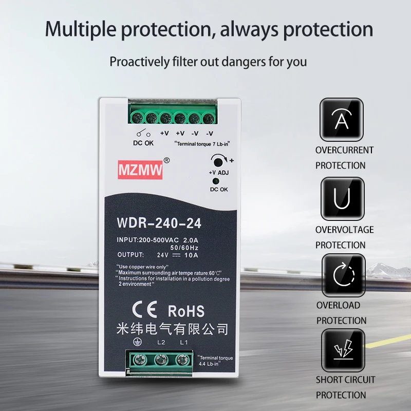 MZMW Industrial DIN Rail Switching Power Supply WDR-75W 120W 150W 240W 380V AC TO DC 12V 24V Led Light CCTV Transformer SMPS