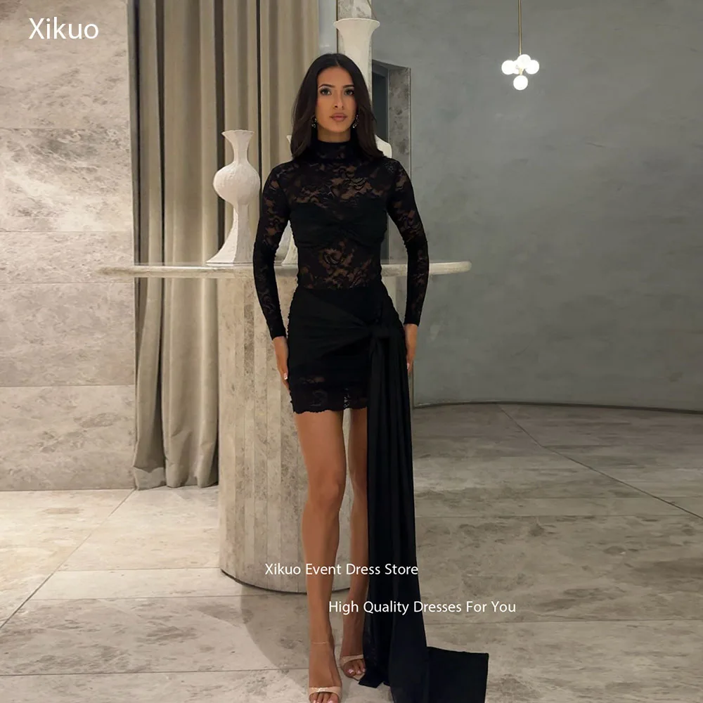 

Xikuo Illusion Black Mini Length Prom Dress High Neck Lace Dresses 2025 Woman Appliques Asymmetric Hem Evening Gowns Customized