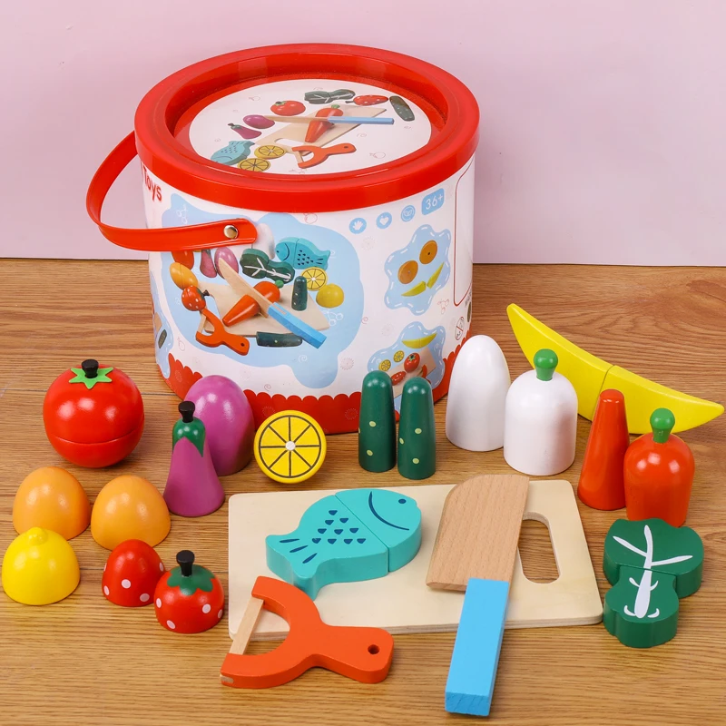 Wooden Fruit Vegetable Cutting Playset Magnetic Slicing Toy Bucket Kids Early Education Kitchen Game view 5