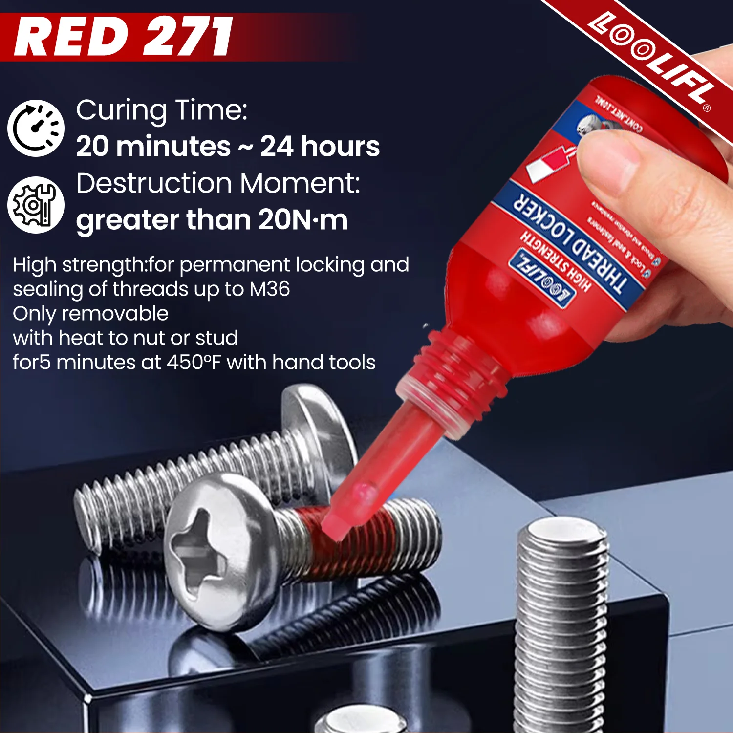 10mlRed agent de verrouillage de fil - un adhésif métallique amovible de verrouillage de fil utilisé sur les écrous, les boulons et les éléments de fixation pour empêcher le relâchement