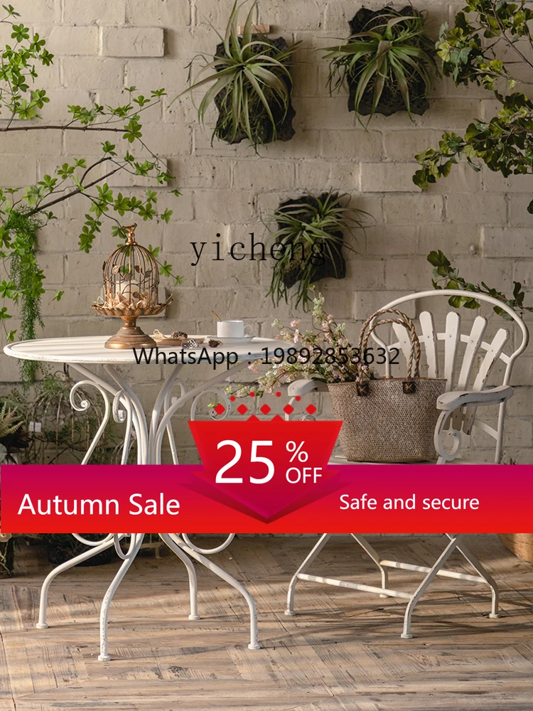 

Combination Retro Distressed Garden Outdoor Courtyard Iron Balcony Net Red Small round Table Chair