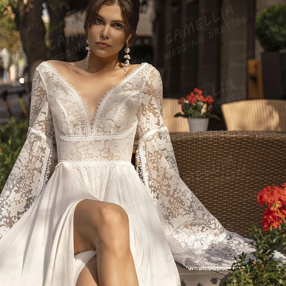 Vestidos de novia bohemios de lujo para mujer, línea A, apliques de flores, Vestidos de novia de princesa, manga acampanada, cuello en V, Vestidos elegantes