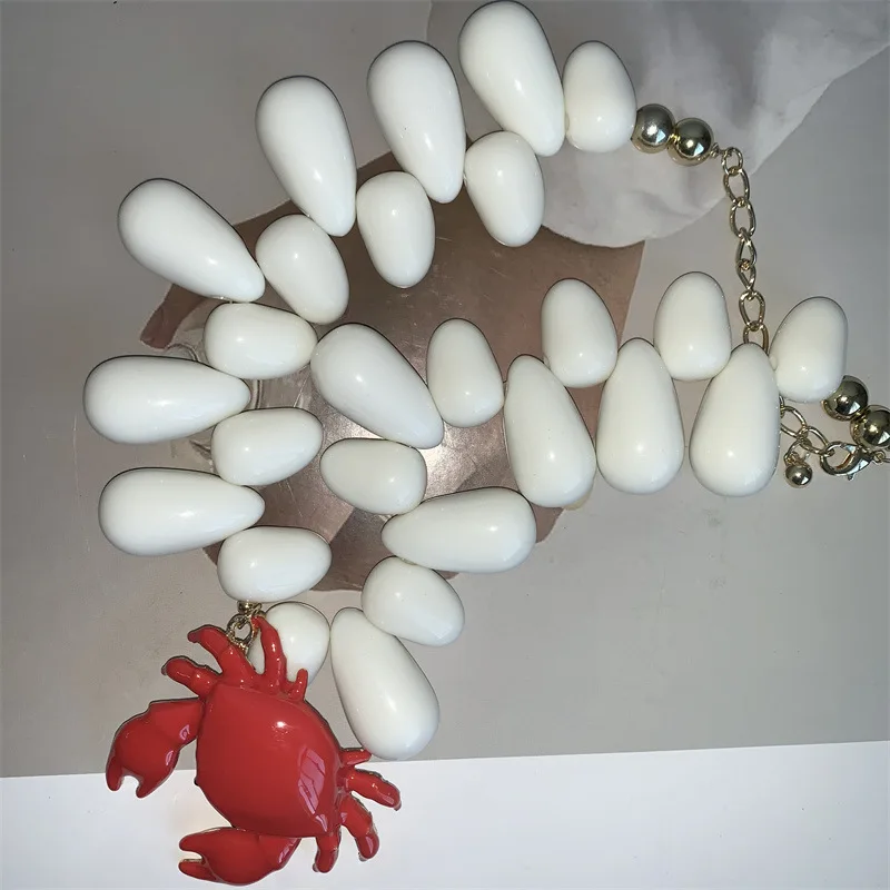 XIALUOKE European American Style Hyperbole Large Acrylic White Drop Beaded Red Crab Collarbone Necklace For Women Chunky Jewelry