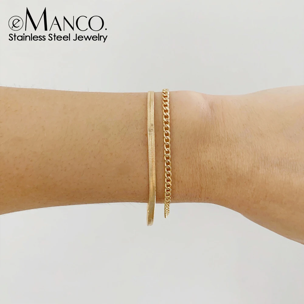 eManco Triple Flat Snake Chain Cuban Chain Bracelet 316 Stainless Steel Gold Plated Ladies Body Fashion Jewelry