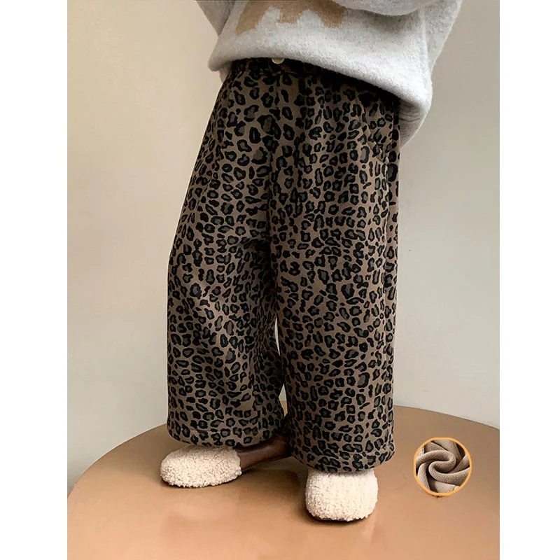 Kids Pants Leopard Print Wide-leg Pants Girls' Fleece and Thick Pants Girls Winter Clothes Kids Clothes for Girls