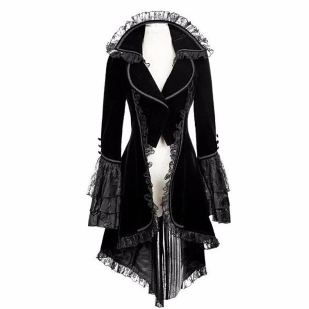 Women Medieval Steampunk Victorian Style Gothic Jacket Noble Court Retro Dress Halloween Costume Lace Trim Lace-up High Low Coat