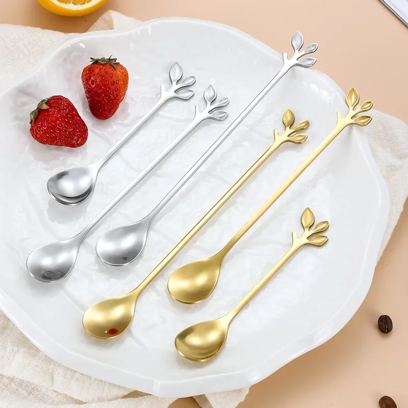 Creative Stainless Steel Leaves Spoon and Fork Gold Silver Coffee Ice Cream Tea Stirring Spoons Kitchen Tableware Decoration