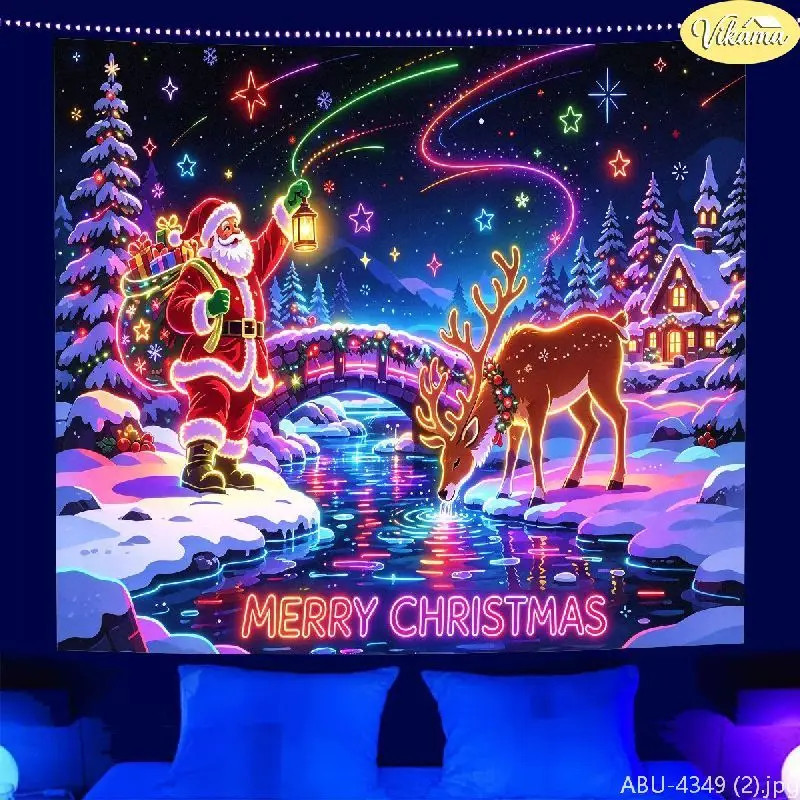 VIKAMA Christmas Wall Tapestry, Neon Santa, Sleigh, Reindeer, Merry Christmas, Gifts, Snowflakes, Christmas Party Decorations