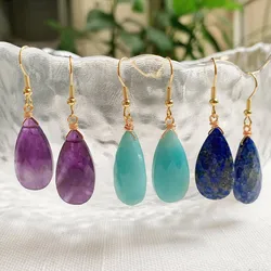 Elegant Natural Crystal Earring for Women Shining Long Tassel Waterdrop Stone Charm Lapis Pink Quartz Purple Crystal Earring