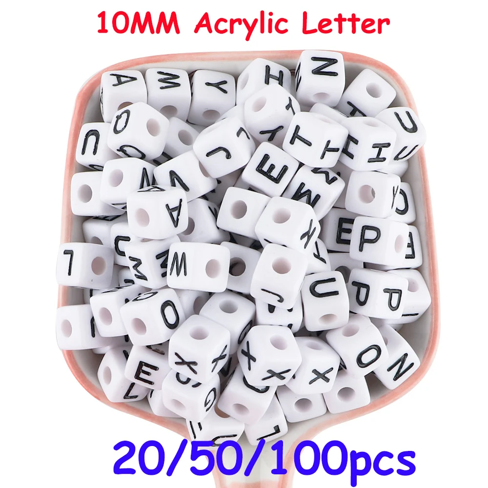 10MM 20/50/100Pcs Cube Acrylic Letter Beads Alphabet White Square For Jewelry Making Bracelet DIY Beads