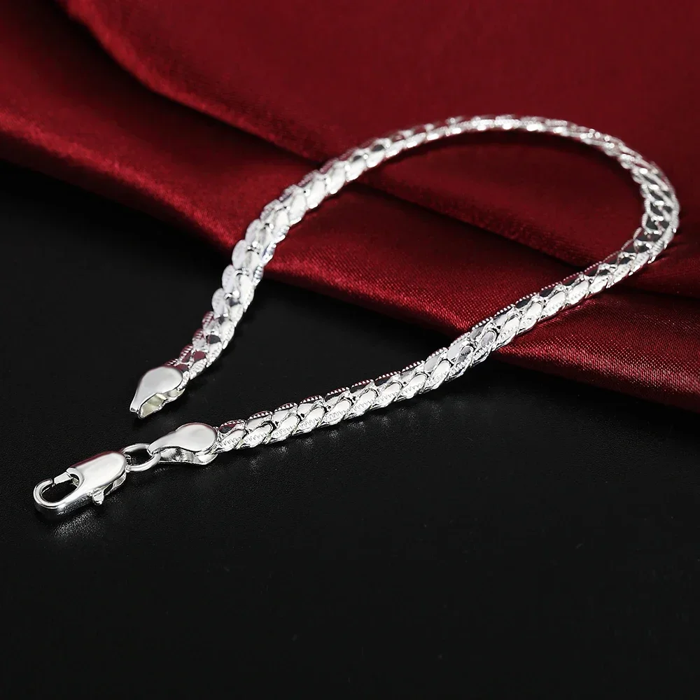 

925 sterling silver Bracelet 6mm 18-20cm Flat Side Chain Lobster Clasp For Woman Man Wedding Engagement Jewelry