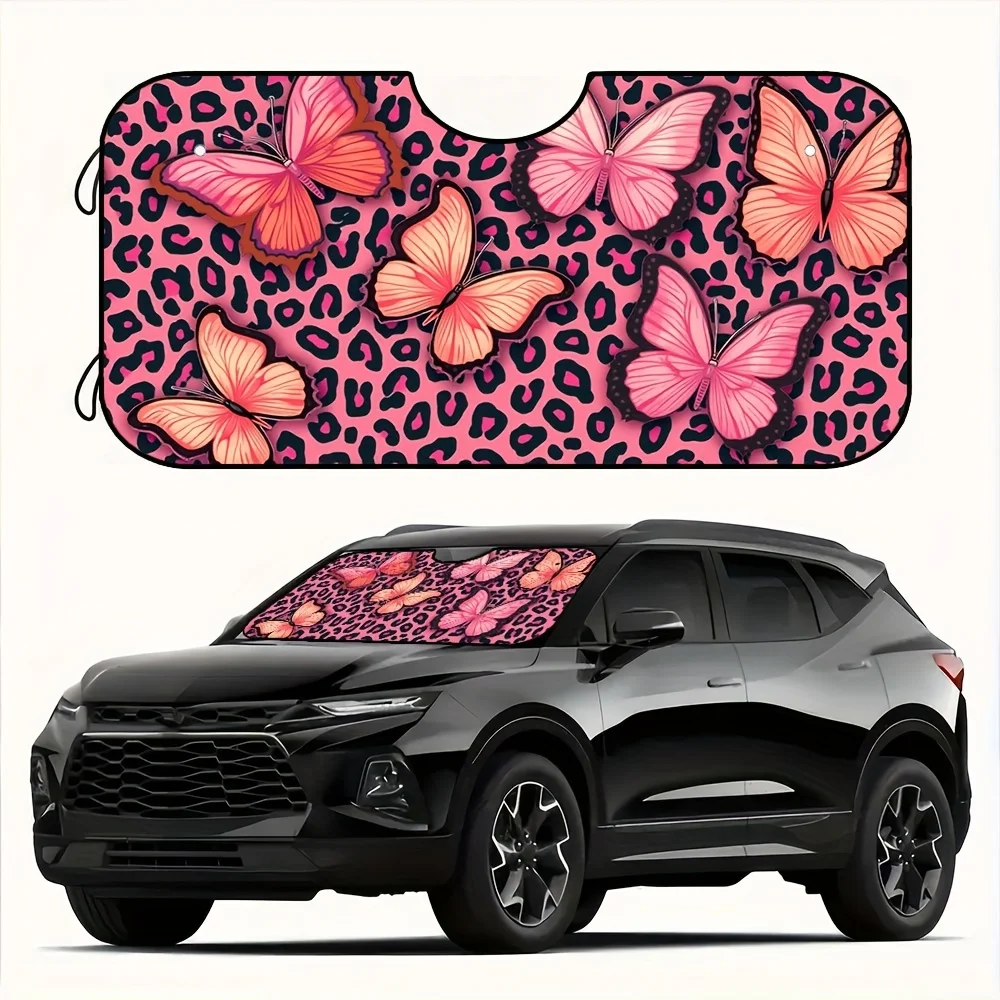 

1pc, Foldable Car Windshield Sunshade Pink Leopard Print Heat Blocking Visor Shield Cover Keeps Your Vehicle Cool Includes 4 Suc