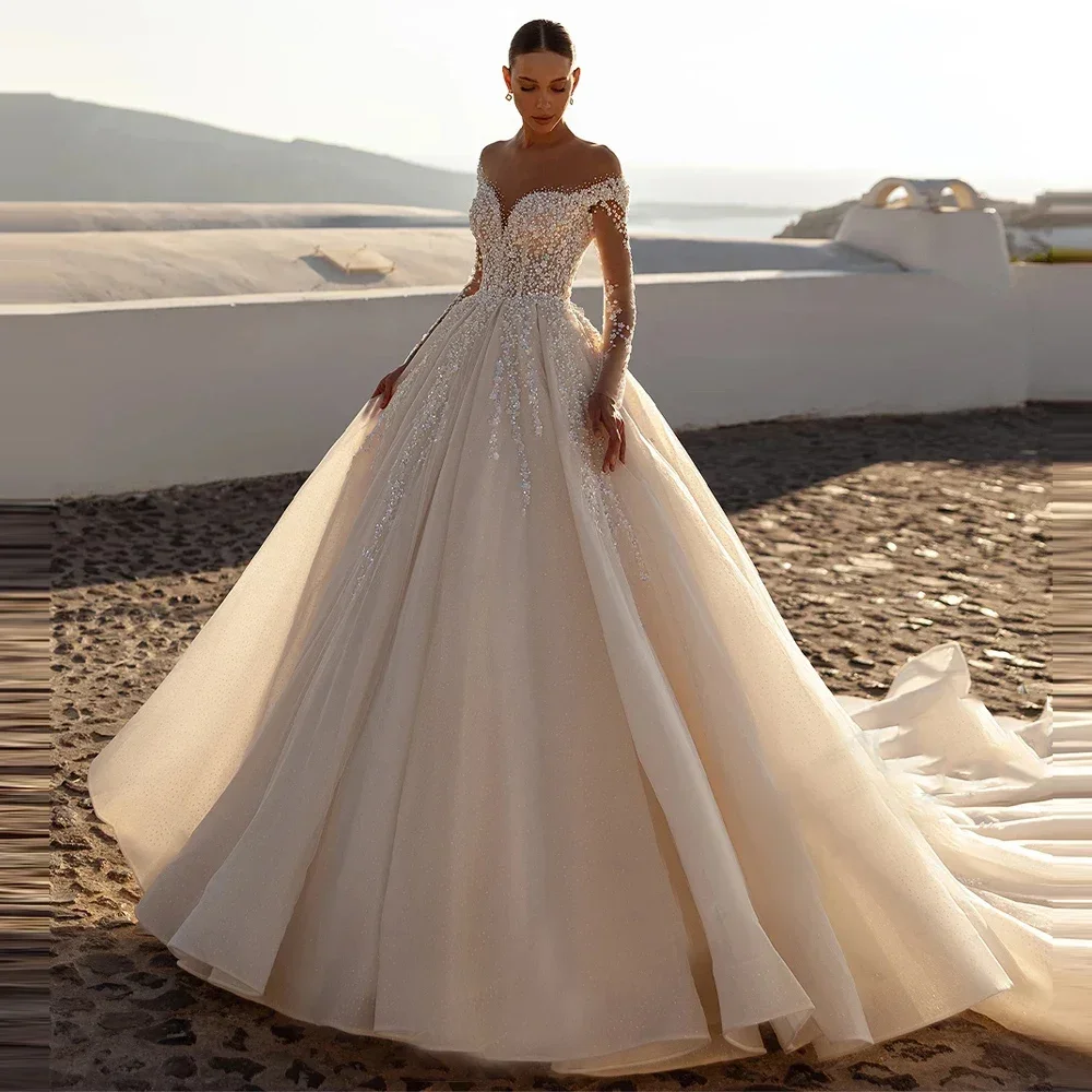 Gaun Pengantin Wanita Jane Eyre Model Off Shoulder Tanpa Lengan Elegan dengan Detail Renda dan Cetakan, Gaun Pesta Vestidos De Novias