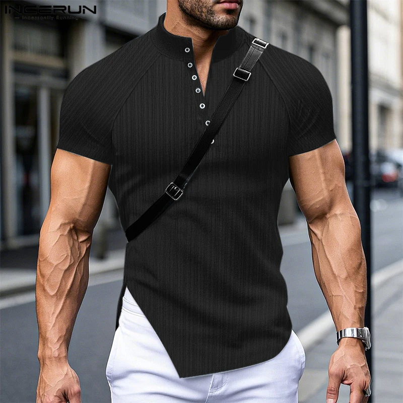 

INCERUN Tops American Style Fashion Men's Deconstruction Design Belt Splicing T-shirt Summer Casual Solid Short Sleeved Camiseta