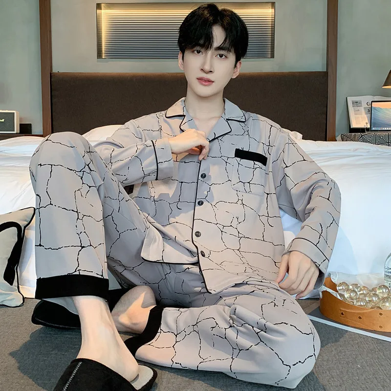Men Pajama Set Cotton Sleepwear For Sleeping Man Shirt Long Sleeve Pyjama Male Home Night Wear Plus Size Loungewear Dropship
