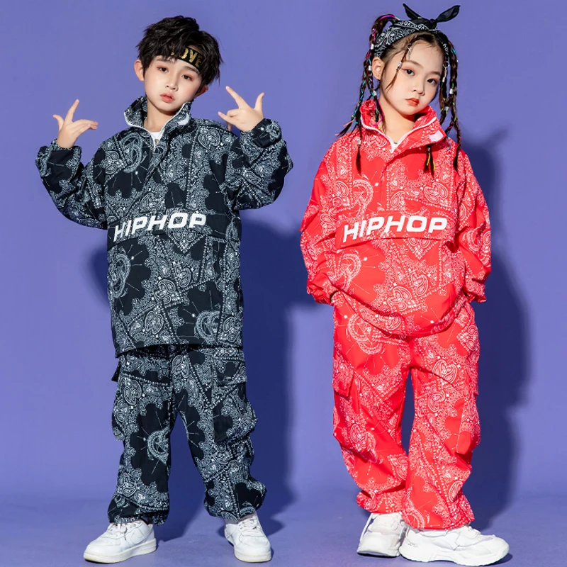 

New Hip-Hop Kids Clothes Street Dance Loose Sweater Pants Long Sleeved Kpop Outfit Girls Red Suit Boys Hiphop Dance Costume 9392