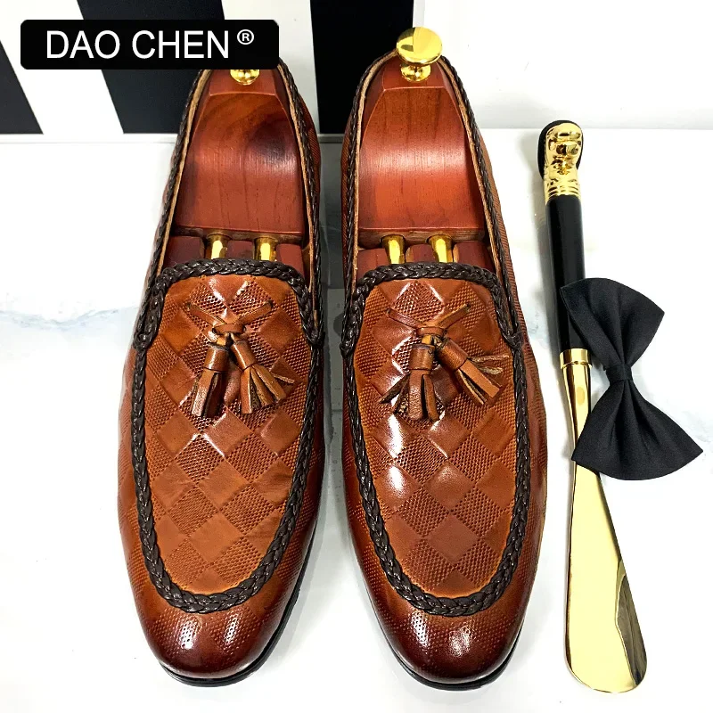 LUXURY BRAND MEN LOAFERS SHOES BROWN BLACK TASSEL LOAFERS SLIP ON CASUAL DRESS SHOE MAN WEDDING OFFICE LEATHER SHOES MEN