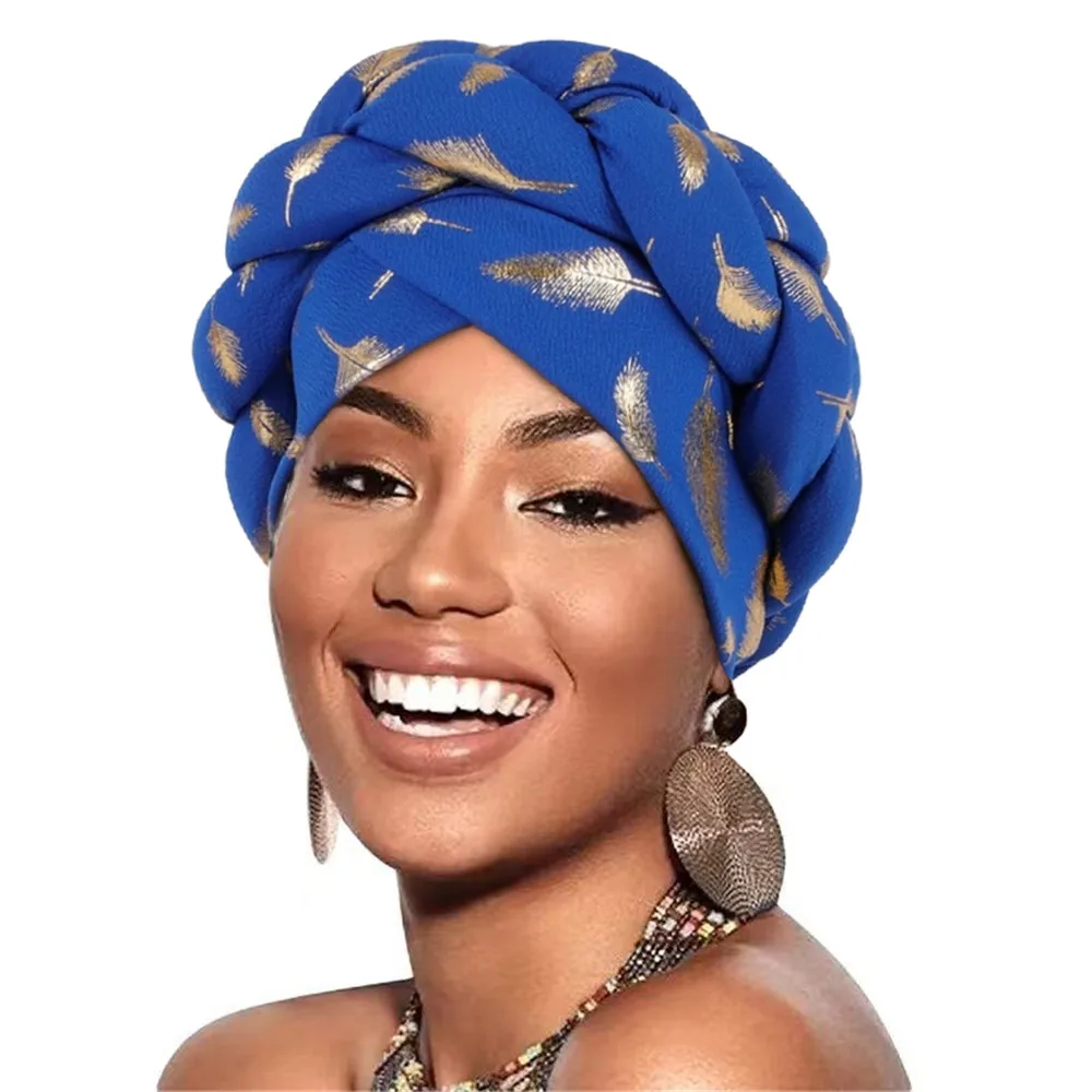 Feather Gold Stamping Braids Turban Cap for Women Fashion African Lady Head Wraps Muslim Headscarf Bonnet Turbante mujer